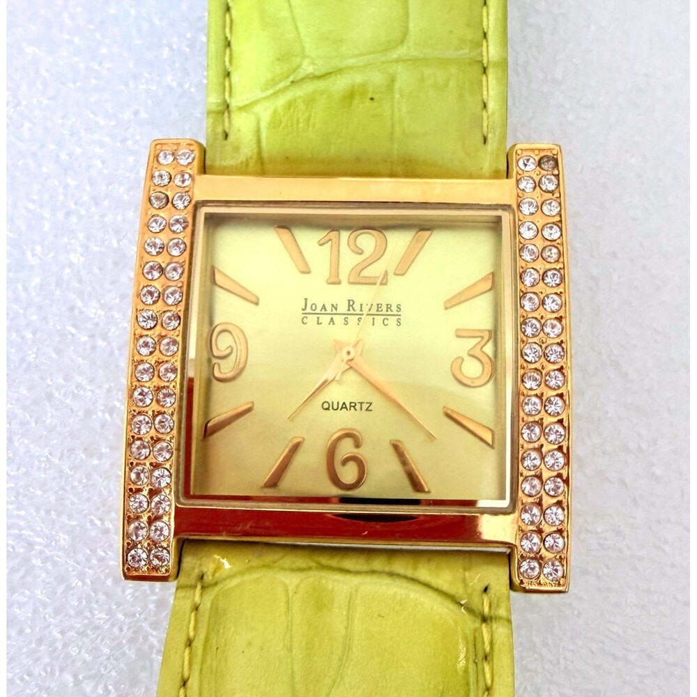 Vintage Joan Rivers Classics Rhinestone Square Watch Lime Green Leather Strap